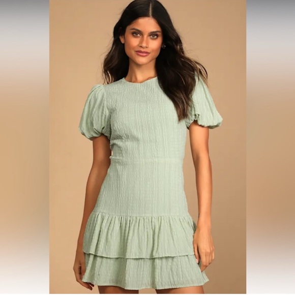 Lulu’s “Got the Frills” Sage Green Lace-Up Puff Sleeve Mini Dress Size M - Picture 2 of 4